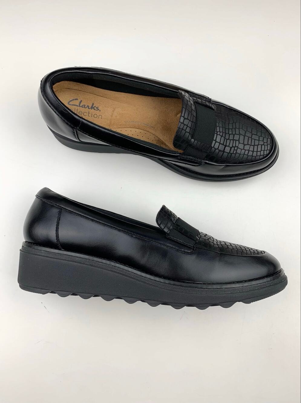 Clarks Sharon Pace Loafers Slip On Black Leather Croc Comfort Shoes Women's 8